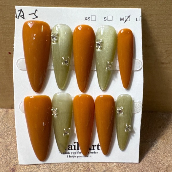 Other - Press On Nails Long Stiletto Burnt Orange Sage Green Cat Eye Rhinestone M